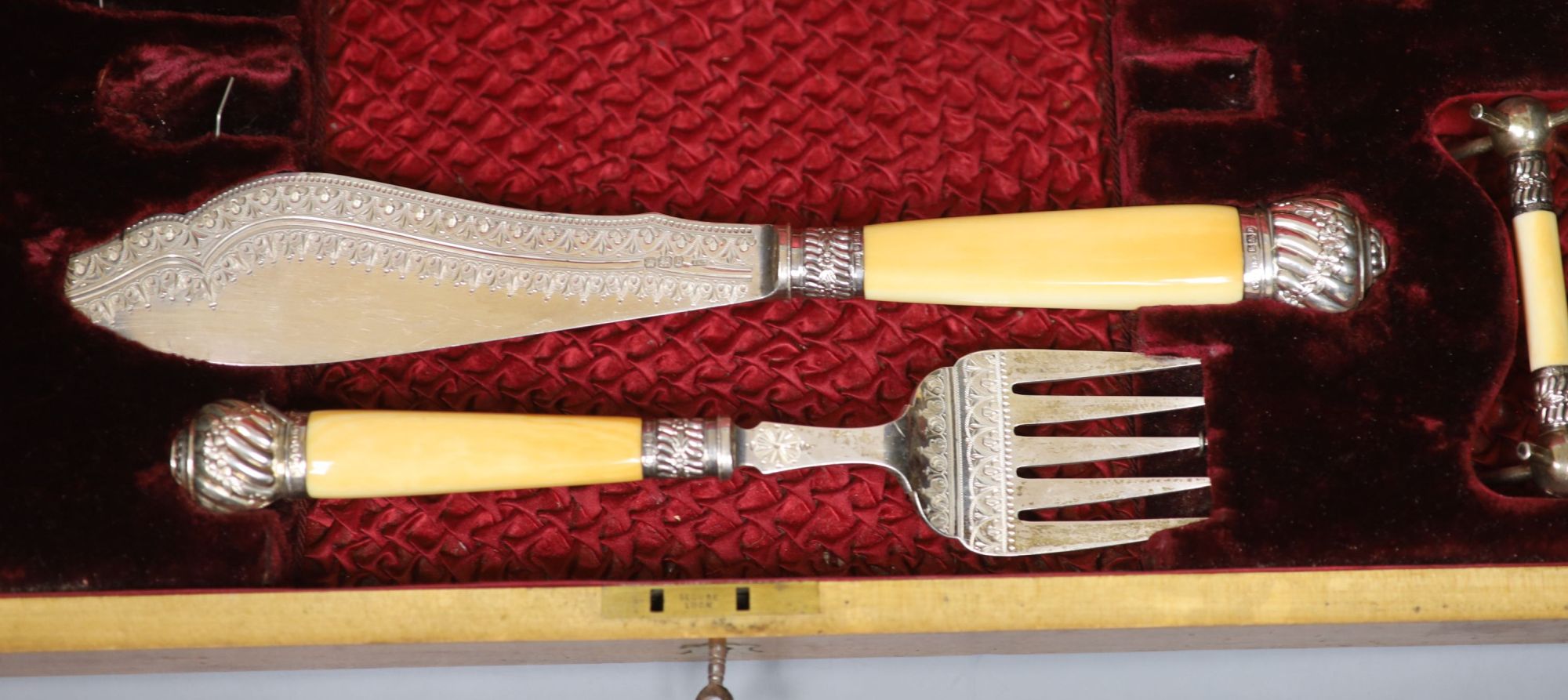 A late Victorian cased silver and ivory fish serving and meat carving set, Allen & Darwin, Sheffield, 1894,